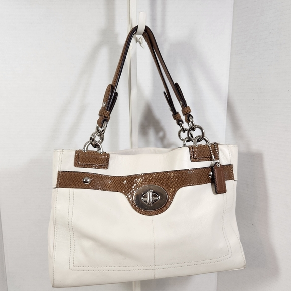 Coach penelope satchel purse ivory and brown silver hardware snake skin trim - Picture 1 of 16